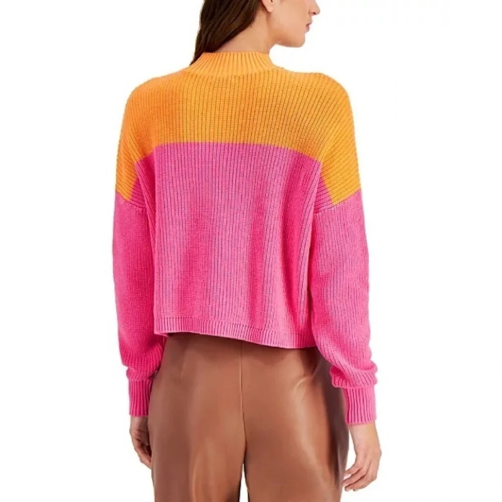 Bar III Cotton Colorblocked Mock-Neck Pink Orange Sweater, Size Small